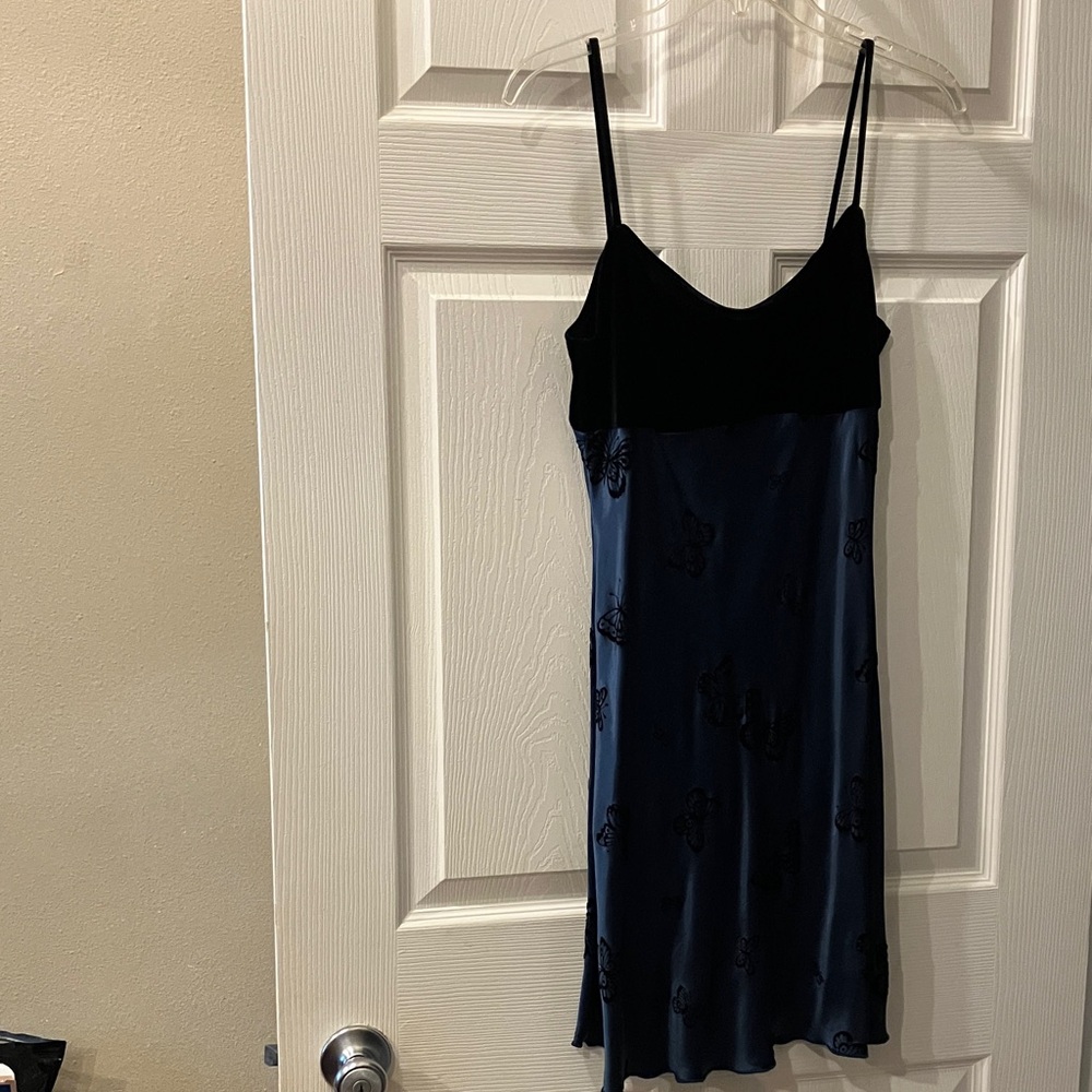Black Velvet & Navy Slip Mini Dress with Butterfly Motif